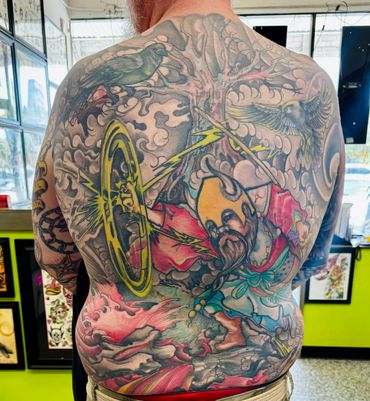 Japanese colorful backpiece tattoo