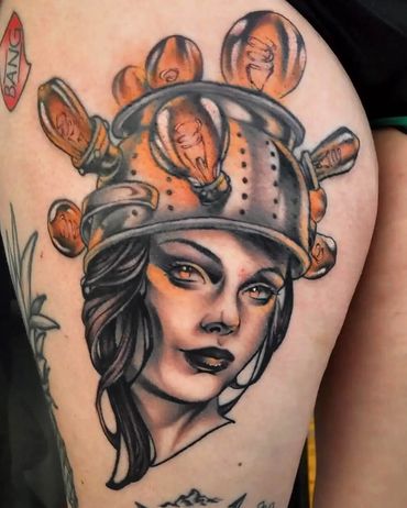 Thinking lady light bulb hat tattoo